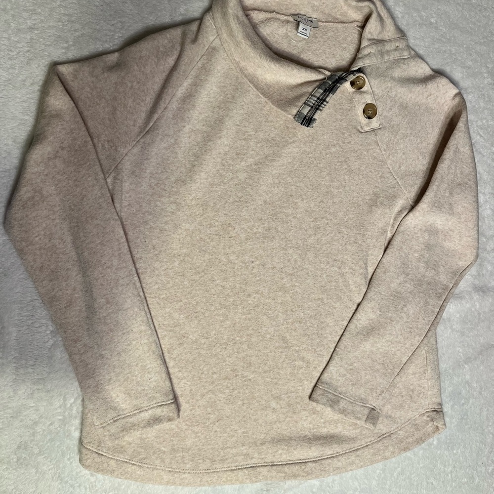 J. Crew Cream Funnel Neck Sweatshirt with Plaid Tab